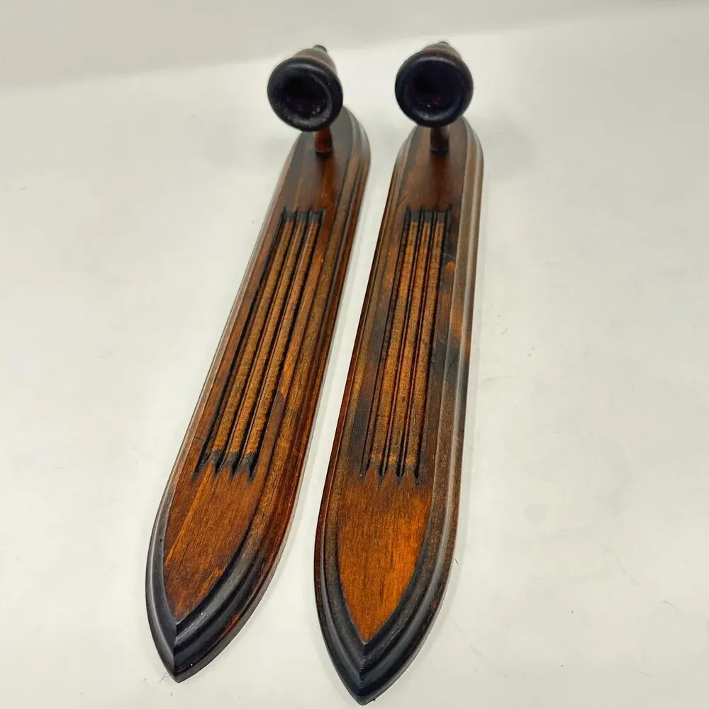 Vintage Wood Wall Candle Sconces Pair Gothic Arch Mid Cen Fluted Taper Holders